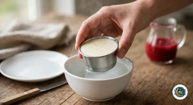 Main qui trempe un petit moule en inox rempli de panna cotta prise dans un bol d’eau chaude fumante, à côté d’une assiette blanche vide, d’un couteau à lame fine et d’un pot de coulis de framboise
