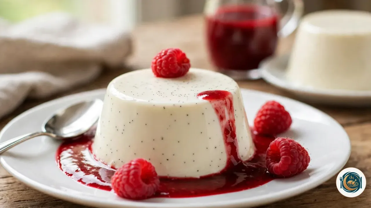 Panna cotta à la vanille démoulée sur une assiette blanche, lisse et ivoire, piquée de grains de vanille, nappée d’un coulis de framboise qui coule sur un côté, avec quatre framboises et une cuillère, devant une seconde panna cotta et un pot de coulis