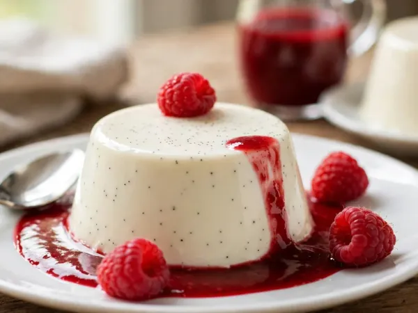 Panna cotta à la vanille démoulée sur une assiette blanche, lisse et ivoire, piquée de grains de vanille, nappée d’un coulis de framboise qui coule sur un côté, avec quatre framboises et une cuillère, devant une seconde panna cotta et un pot de coulis
