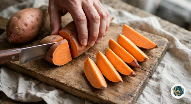 Patate douce non épluchée coupée en quartiers au couteau sur une planche en bois, maintenue d’une main, des quartiers à chair orange alignés à côté et une patate douce entière