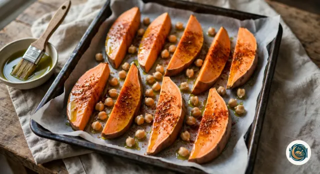 Quartiers de patate douce crus, huilés et saupoudrés de paprika fumé et de cumin, posés à plat et espacés sur une plaque couverte de papier cuisson, avec des pois chiches dans les espaces libres