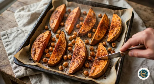 Quartiers de patate douce rôtis, dorés et caramélisés sur les bords, et pois chiches grillés sur la plaque sortie du four, la pointe d’un petit couteau plantée dans un quartier