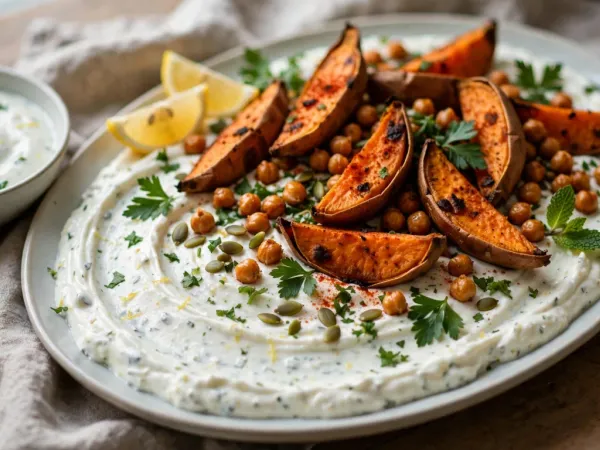 Quartiers de patate douce rôtis au four avec leur peau, dorés et saupoudrés de paprika, et pois chiches grillés sur un grand plat nappé de sauce au yaourt aux herbes, avec du persil, de la menthe, des graines de courge et des quartiers de citron