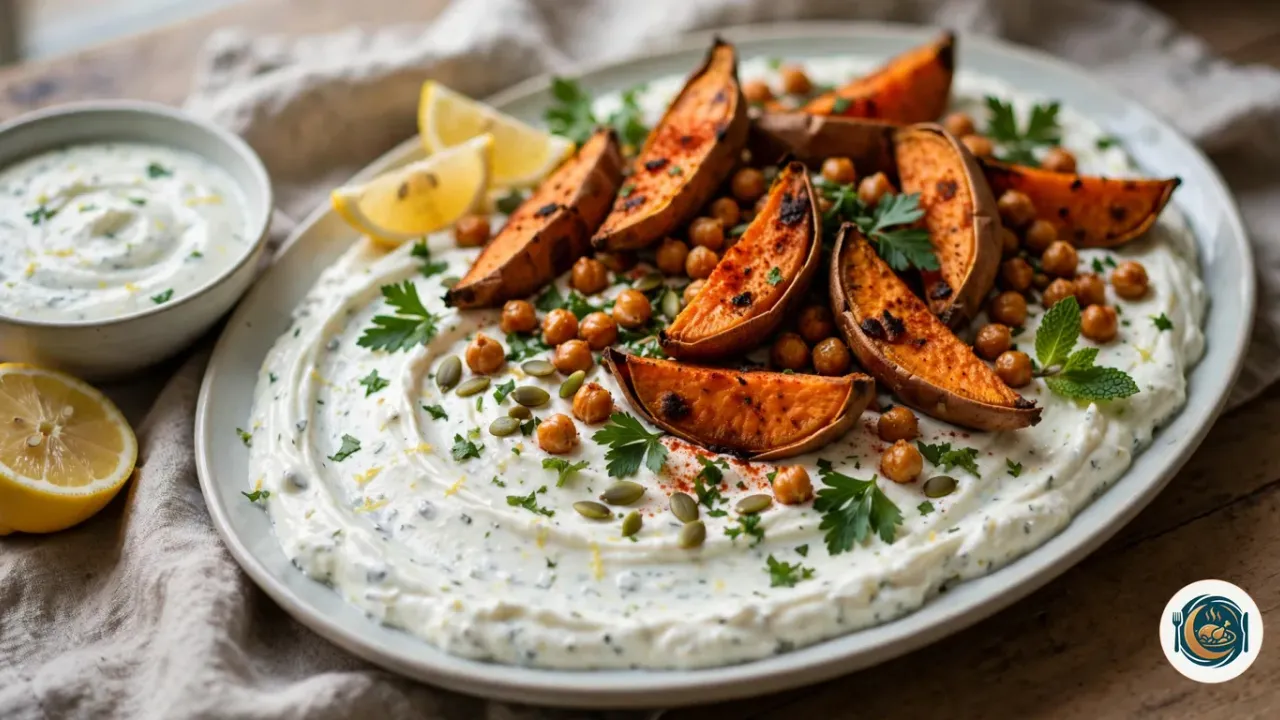Quartiers de patate douce rôtis au four avec leur peau, dorés et saupoudrés de paprika, et pois chiches grillés sur un grand plat nappé de sauce au yaourt aux herbes, avec du persil, de la menthe, des graines de courge et des quartiers de citron