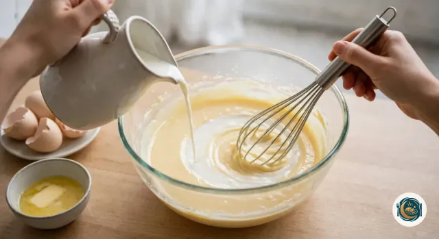 Main qui verse un filet de lait d’un pichet en céramique tenu par son anse dans un grand saladier en verre rempli d’une pâte jaune pâle, lisse et épaisse, pendant que l’autre main fouette, à côté d’une soucoupe de coquilles d’œufs et d’un bol de beurre fondu