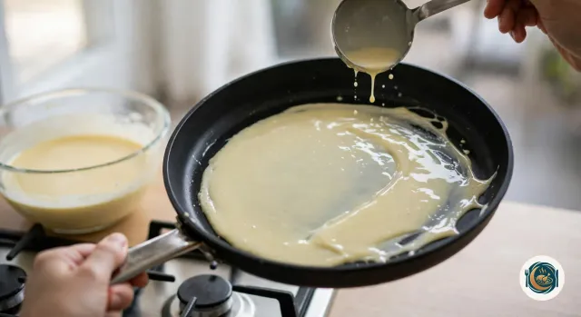 Main qui tient une poêle noire par son manche et l’incline au-dessus du gaz pendant qu’une autre main vide une louche de pâte à crêpe, qui s’étale en couche fine et brillante sur le fond, à côté d’un saladier en verre de pâte jaune pâle