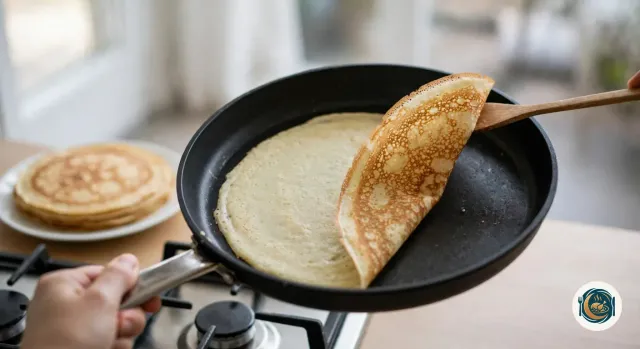 Spatule en bois qui soulève la moitié d’une crêpe fine dans une poêle noire tenue par son manche, montrant un dessous doré et marbré de petites taches brunes, tandis que le dessus encore dans la poêle reste pâle et mat, avec une assiette de crêpes cuites en arrière-plan