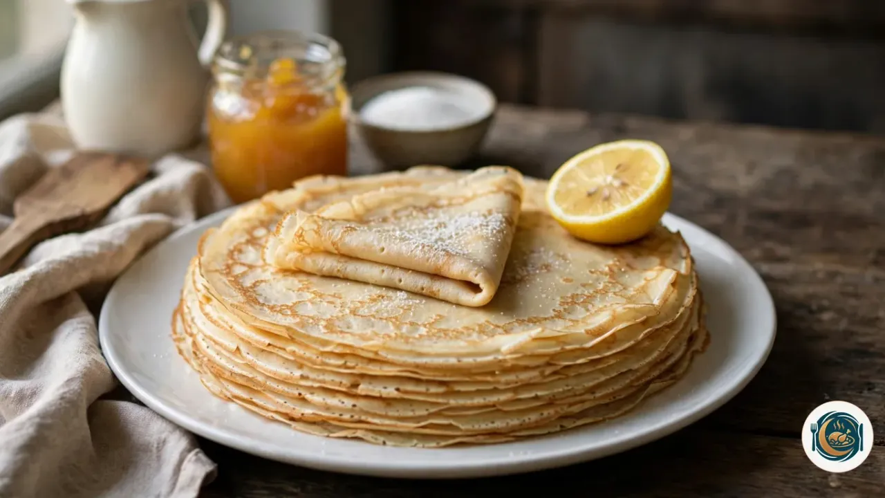 Pile d’une dizaine de crêpes fines et dorées, marbrées de petites taches brunes, sur une assiette blanche, avec une crêpe pliée en quatre et saupoudrée de sucre sur le dessus et un demi-citron, devant un pot de confiture d’abricot, un bol de sucre, un pot à lait et une spatule en bois