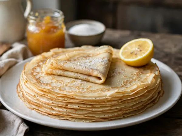 Pile d’une dizaine de crêpes fines et dorées, marbrées de petites taches brunes, sur une assiette blanche, avec une crêpe pliée en quatre et saupoudrée de sucre sur le dessus et un demi-citron, devant un pot de confiture d’abricot, un bol de sucre, un pot à lait et une spatule en bois