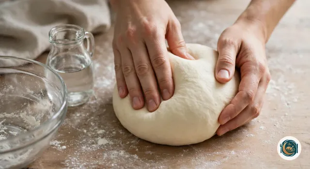 Mains qui pétrissent une boule de pâte à pizza lisse et souple sur un plan de travail en bois fariné, à côté d’un saladier en verre vide et d’un petit pichet d’eau