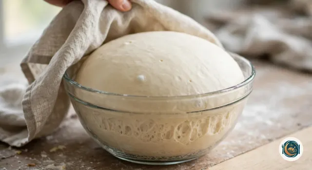 Pâte à pizza levée qui a doublé de volume et dépasse en dôme lisse d’un saladier en verre, ses alvéoles visibles à travers la paroi, sous un torchon en lin qu’une main soulève