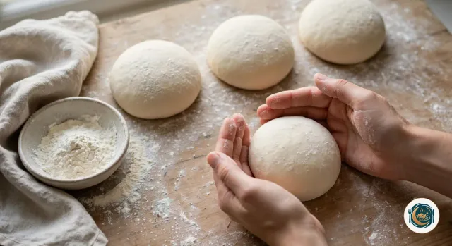 Quatre pâtons ronds de pâte à pizza sur une planche farinée, dont le dernier est boulé entre deux mains, à côté d’un bol de farine et d’un torchon en lin