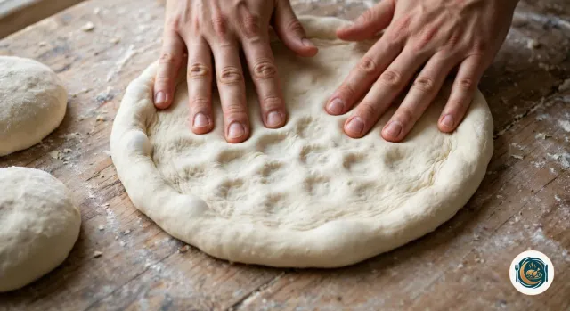 Mains qui aplatissent du bout des doigts un pâton de pâte à pizza crue en disque sur un plan de travail fariné, en laissant un bord gonflé tout autour, à côté de deux autres pâtons