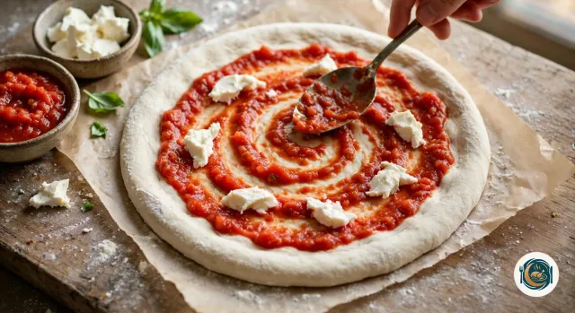 Main qui étale à la cuillère de la sauce tomate en spirale sur un disque de pâte à pizza crue posé sur du papier cuisson, avec quelques morceaux de mozzarella déjà posés et un bord laissé nu, à côté de bols de sauce tomate et de mozzarella et de feuilles de basilic
