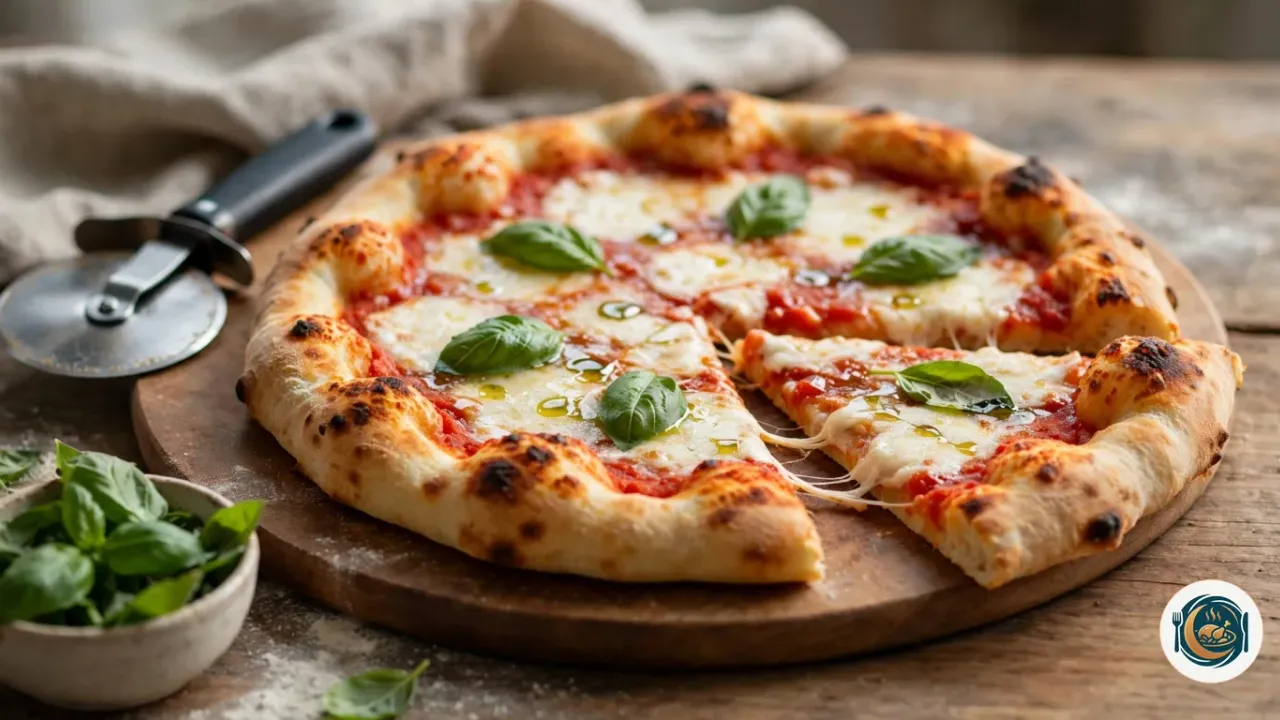 Pizza maison à la tomate et à la mozzarella sur une planche ronde en bois, avec un bord gonflé et doré tacheté de brun, des feuilles de basilic et un filet d’huile d’olive, une part qui s’écarte en filant, une roulette à pizza à gauche et un bol de basilic frais