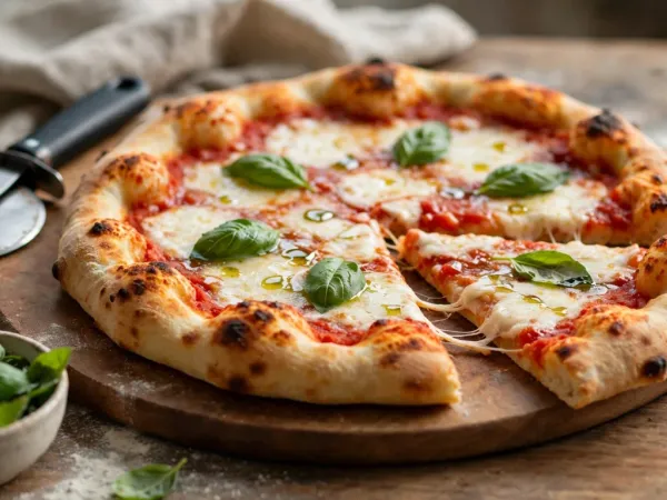 Pizza maison à la tomate et à la mozzarella sur une planche ronde en bois, avec un bord gonflé et doré tacheté de brun, des feuilles de basilic et un filet d’huile d’olive, une part qui s’écarte en filant, une roulette à pizza à gauche et un bol de basilic frais