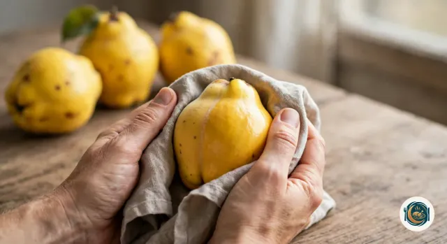 Deux mains qui frottent un coing jaune dans un torchon de lin pour retirer son duvet, devant trois autres coings jaunes posés sur une table en bois