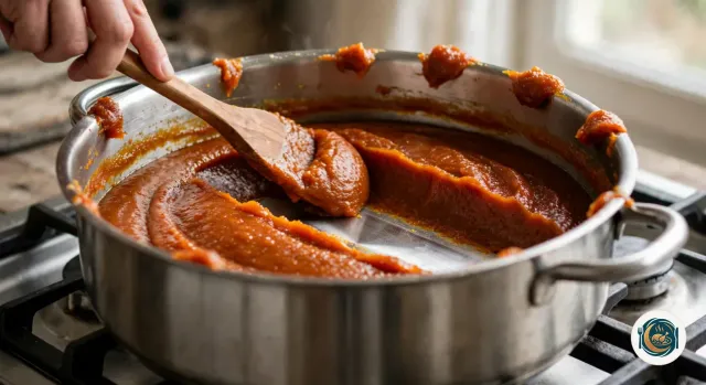 Spatule en bois qui trace un sillon jusqu’au fond d’une casserole en inox, dans une pâte de coing épaisse et orangée qui se détache des parois, sur le gaz