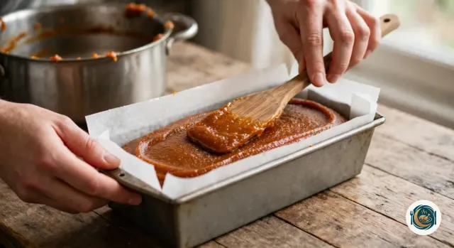 Main qui lisse avec une spatule en bois la pâte de coing orangée dans un moule à cake chemisé de papier cuisson, à côté de la grande casserole presque vide