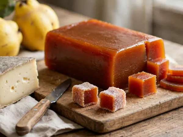 Gros pavé de pâte de coing maison, ambré et légèrement translucide, sur une planche en bois, avec quelques tranches et des cubes, dont deux roulés dans le sucre, à côté d’un morceau de fromage à croûte naturelle, de deux coings jaunes et d’un petit couteau
