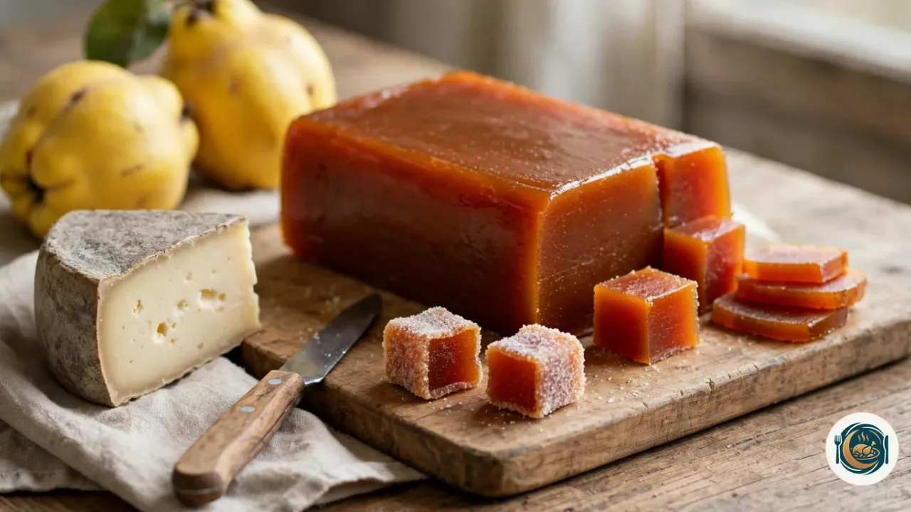 Gros pavé de pâte de coing maison, ambré et légèrement translucide, sur une planche en bois, avec quelques tranches et des cubes, dont deux roulés dans le sucre, à côté d’un morceau de fromage à croûte naturelle, de deux coings jaunes et d’un petit couteau