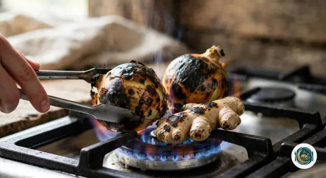 Deux oignons jaunes et un morceau de gingembre posés sur la grille d’un brûleur à gaz, la peau noircie et cloquée par la flamme, retournés avec une pince en métal