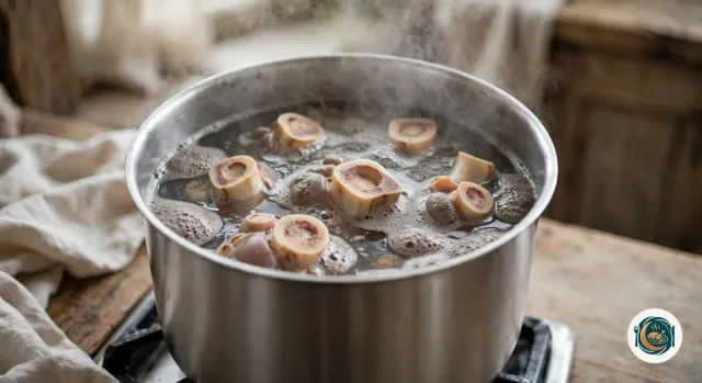 Faitout en inox rempli d’os de bœuf qui bouillent, couverts d’une épaisse mousse grise et brunâtre à la surface de l’eau