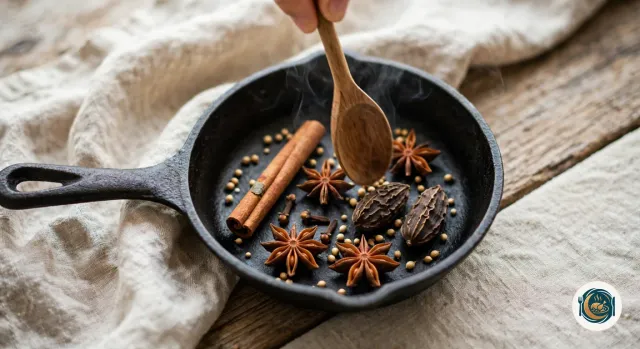 Poêle noire sans matière grasse où grillent des étoiles de badiane, un bâton de cannelle, des clous de girofle, des graines de coriandre et deux cardamomes noires, remuées avec une cuillère en bois