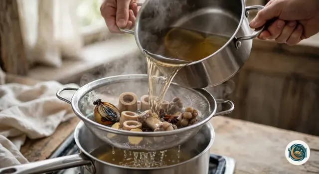 Deux mains inclinent une marmite en inox et versent un bouillon de bœuf clair et ambré à travers une grande passoire fine posée sur une casserole, où restent les tronçons d’os, l’oignon brûlé, le gingembre et la badiane