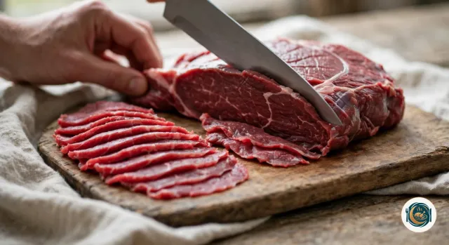 Couteau de cuisine qui découpe un morceau de rumsteck rouge en tranches très fines sur une planche en bois, une main tenant la viande, les tranches déjà coupées étalées en éventail à côté