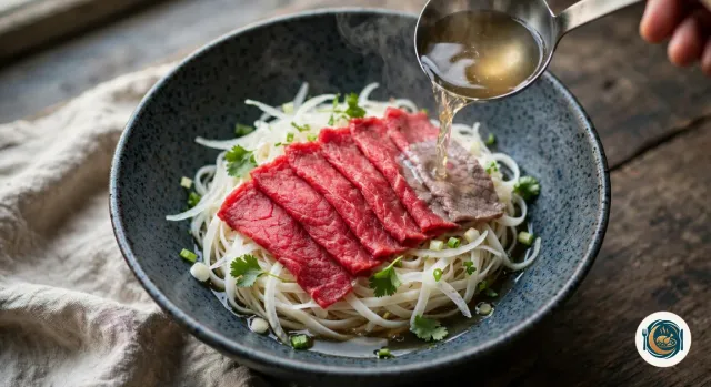 Louche qui verse un bouillon fumant dans un bol de nouilles de riz garni de lamelles de bœuf cru qui commencent à rosir, avec de l’oignon émincé, de la ciboule et de la coriandre