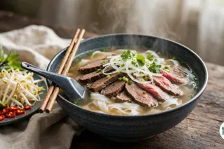 Grand bol de pho bò fumant vu de trois quarts : bouillon clair et doré, nouilles de riz plates, tranches de bœuf cuit et lamelles de bœuf encore rosées, oignon émincé, ciboule et coriandre, avec à côté une assiette de basilic thaï, de pousses de haricot mungo, de citron vert et de piment