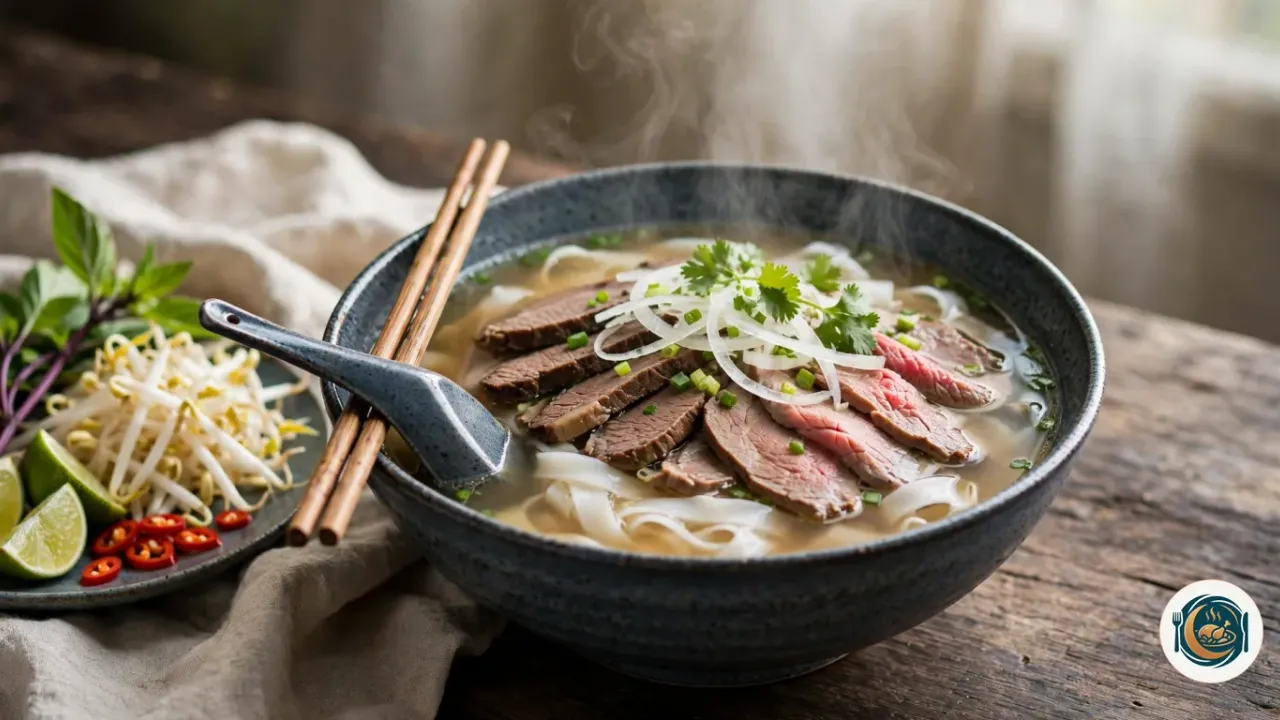 Grand bol de pho bò fumant vu de trois quarts : bouillon clair et doré, nouilles de riz plates, tranches de bœuf cuit et lamelles de bœuf encore rosées, oignon émincé, ciboule et coriandre, avec à côté une assiette de basilic thaï, de pousses de haricot mungo, de citron vert et de piment