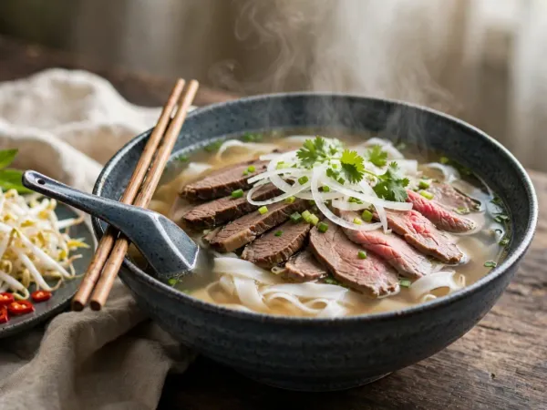 Grand bol de pho bò fumant vu de trois quarts : bouillon clair et doré, nouilles de riz plates, tranches de bœuf cuit et lamelles de bœuf encore rosées, oignon émincé, ciboule et coriandre, avec à côté une assiette de basilic thaï, de pousses de haricot mungo, de citron vert et de piment