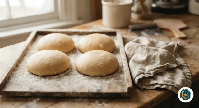 Quatre pâtons de pâte à pinsa bien levés et lisses sur un plateau fariné, à côté d’un torchon de lin
