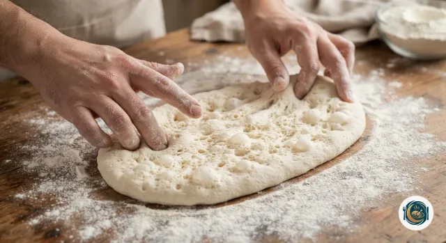 Mains qui étirent du bout des doigts un pâton de pinsa en ovale sur un plan de travail fariné, la pâte pleine de petites bulles