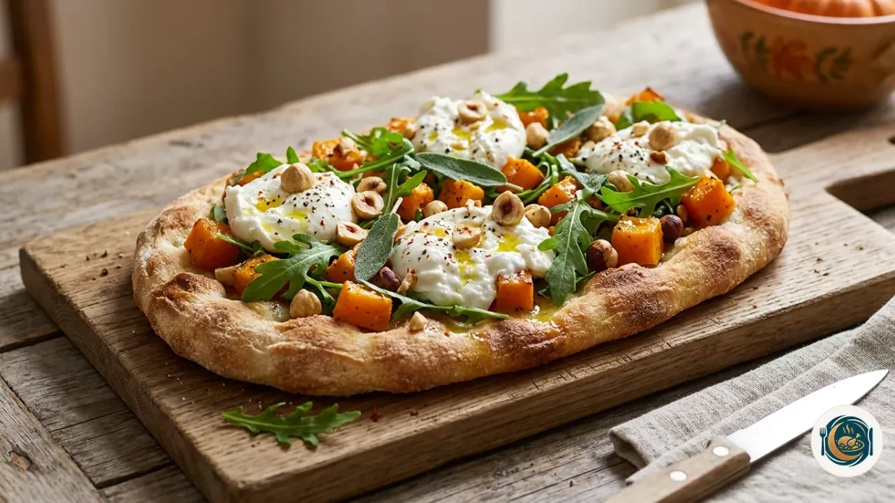 Pinsa maison ovale garnie de courge butternut rôtie, de burrata, de roquette et de noisettes concassées, posée sur une planche en bois