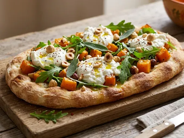 Pinsa maison ovale garnie de courge butternut rôtie, de burrata, de roquette et de noisettes concassées, posée sur une planche en bois