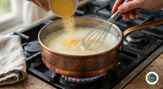 Main qui verse en pluie fine de la semoule de maïs jaune d’un bol blanc dans une casserole en cuivre martelé où frémissent l’eau et le lait, pendant que l’autre main fouette avec un fouet en inox, sur une gazinière