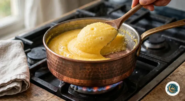 Cuillère en bois qui soulève une polenta épaisse et jaune d’or dans une casserole en cuivre martelé posée sur le feu, en laissant un large sillon qui découvre le fond de la casserole