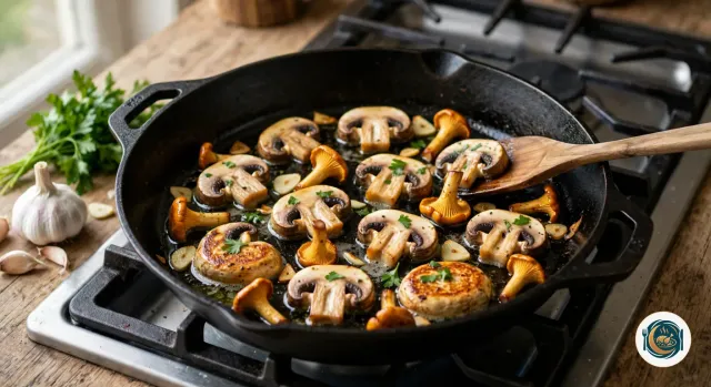 Grande poêle en fonte noire sur le feu, avec une seule couche de champignons de Paris en tranches épaisses et de petites girolles, bien dorés, des lamelles d’ail, du persil haché et une spatule en bois, à côté d’un bouquet de persil et d’une tête d’ail