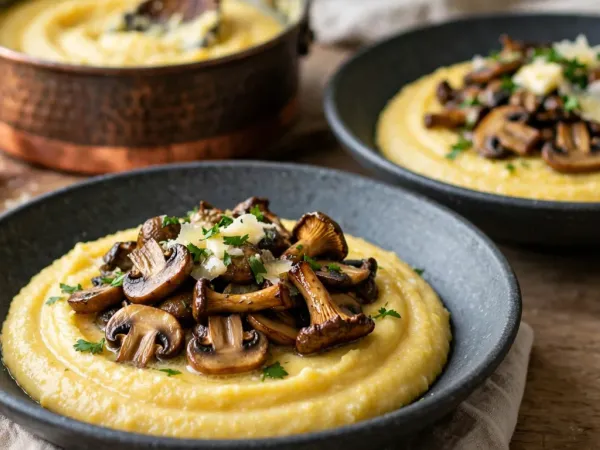 Deux assiettes creuses en grès gris ardoise garnies de polenta crémeuse jaune d’or, surmontée de champignons de Paris et de girolles poêlés bien dorés, de persil haché et de copeaux de parmesan, avec une casserole en cuivre pleine de polenta et un morceau de parmesan à l’arrière