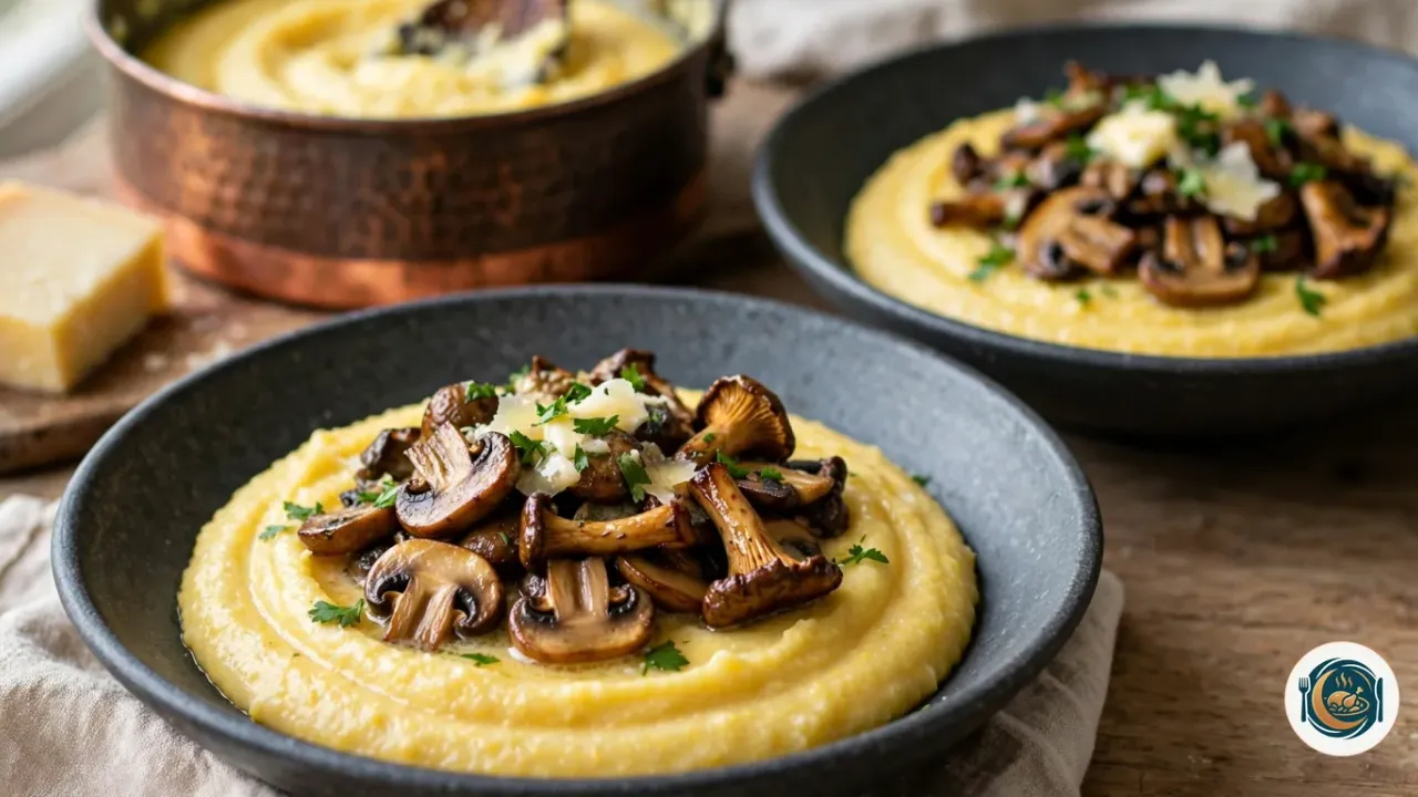 Deux assiettes creuses en grès gris ardoise garnies de polenta crémeuse jaune d’or, surmontée de champignons de Paris et de girolles poêlés bien dorés, de persil haché et de copeaux de parmesan, avec une casserole en cuivre pleine de polenta et un morceau de parmesan à l’arrière