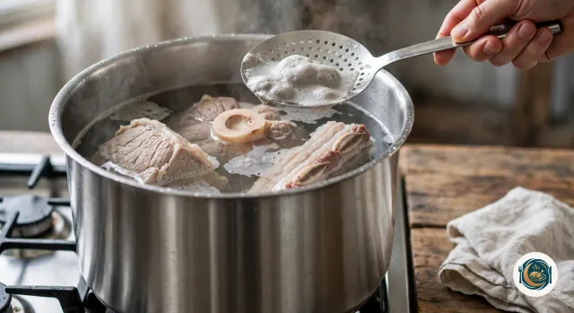 Écumoire en inox tenue à la main qui retire la mousse grise à la surface de l’eau où pochent un morceau de paleron, une tranche de jarret et du plat de côtes, dans un grand faitout en inox sur le feu