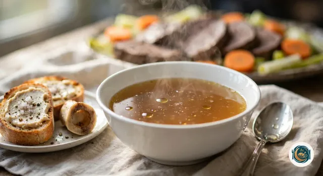 Bol de bouillon de bœuf doré et fumant avec une cuillère, à côté de tranches de pain grillé tartinées de moelle, de gros sel et de poivre, et d’un os à moelle vidé, un plat de viande et de légumes à l’arrière-plan