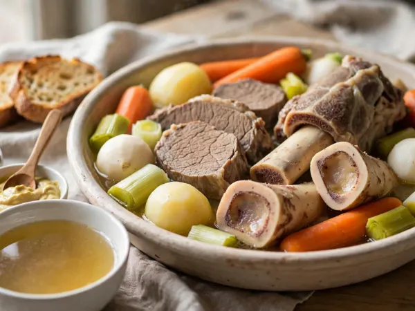 Pot-au-feu servi dans un grand plat creux en grès, avec des tranches de bœuf, un morceau de jarret sur l’os, des os à moelle, des carottes, des tronçons de poireau, des navets et des pommes de terre, à côté d’un bol de bouillon doré, de moutarde, de cornichons, de gros sel et de pain grillé