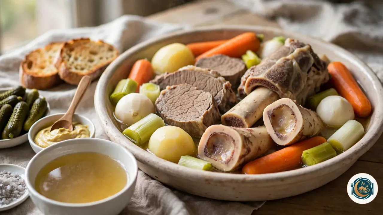 Pot-au-feu servi dans un grand plat creux en grès, avec des tranches de bœuf, un morceau de jarret sur l’os, des os à moelle, des carottes, des tronçons de poireau, des navets et des pommes de terre, à côté d’un bol de bouillon doré, de moutarde, de cornichons, de gros sel et de pain grillé