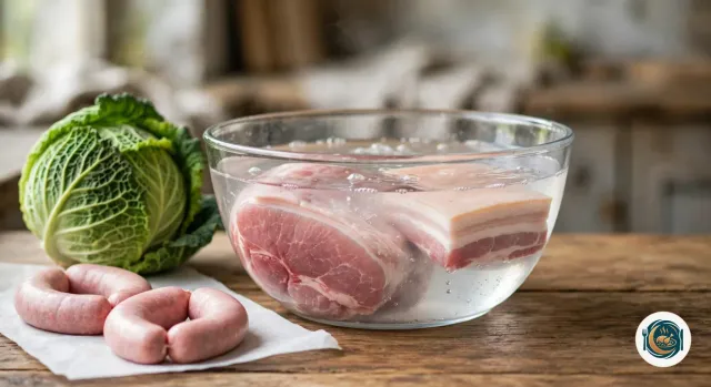 Saladier en verre rempli d’eau froide où trempent un gros morceau de palette de porc demi-sel et une plaque de poitrine demi-sel, à côté de saucisses crues posées sur un papier de boucher et d’un chou vert frisé