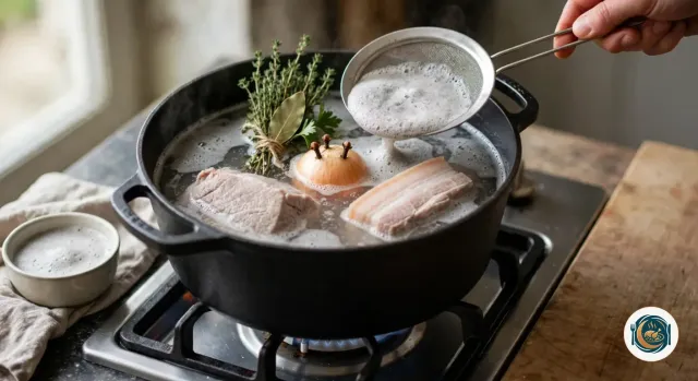 Main qui retire l’écume grise avec une écumoire fine dans une cocotte en fonte noire où cuisent la palette et la poitrine de porc, avec un oignon piqué de clous de girofle et un bouquet de thym et de laurier