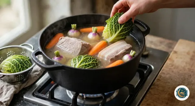 Main qui pose un quartier de chou blanchi dans la cocotte où la palette et la poitrine cuites baignent dans le bouillon, entourées de carottes entières et de navets violets